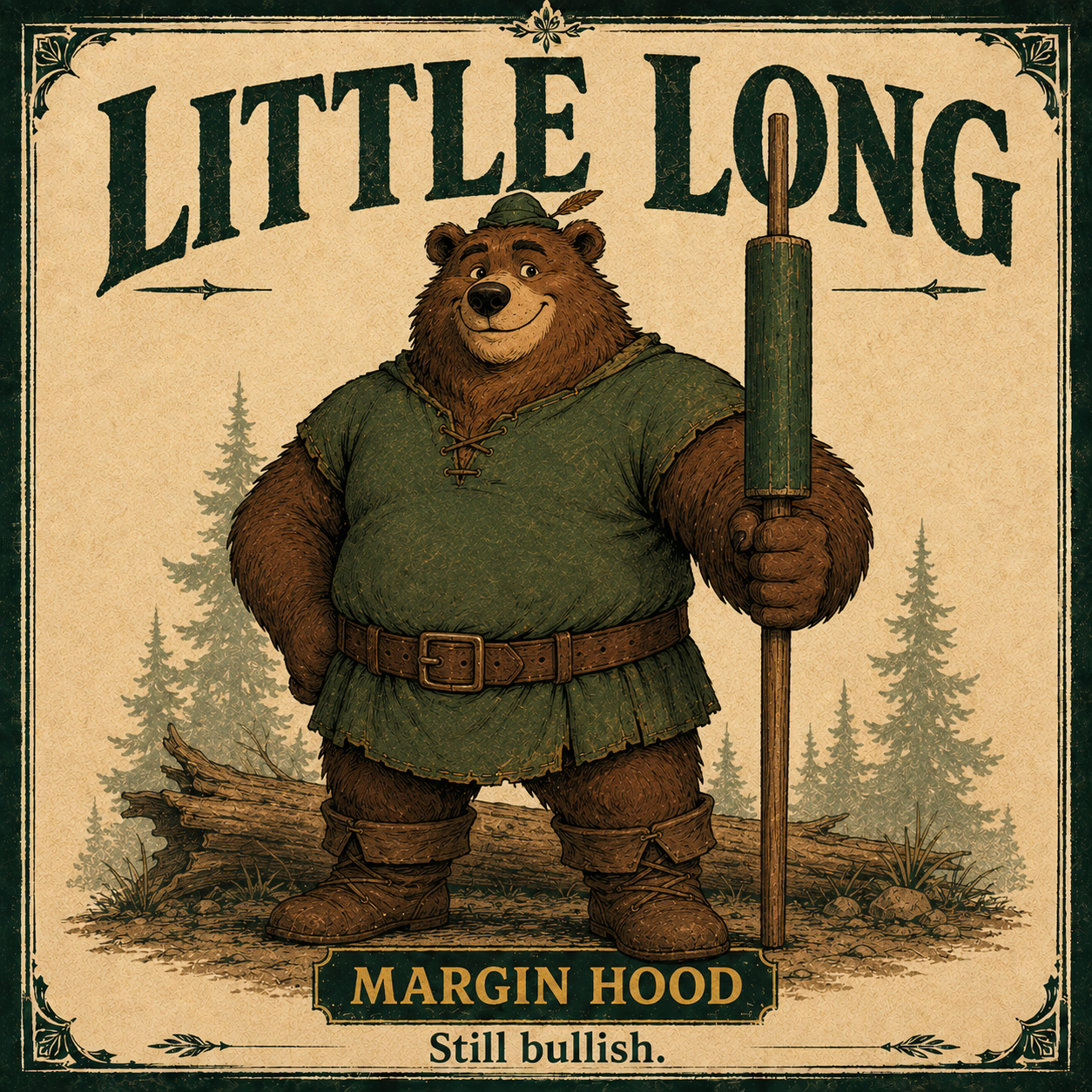 Little Long, a broad smiling brown bear wearing a small green cap and holding a green candlestick-shaped staff