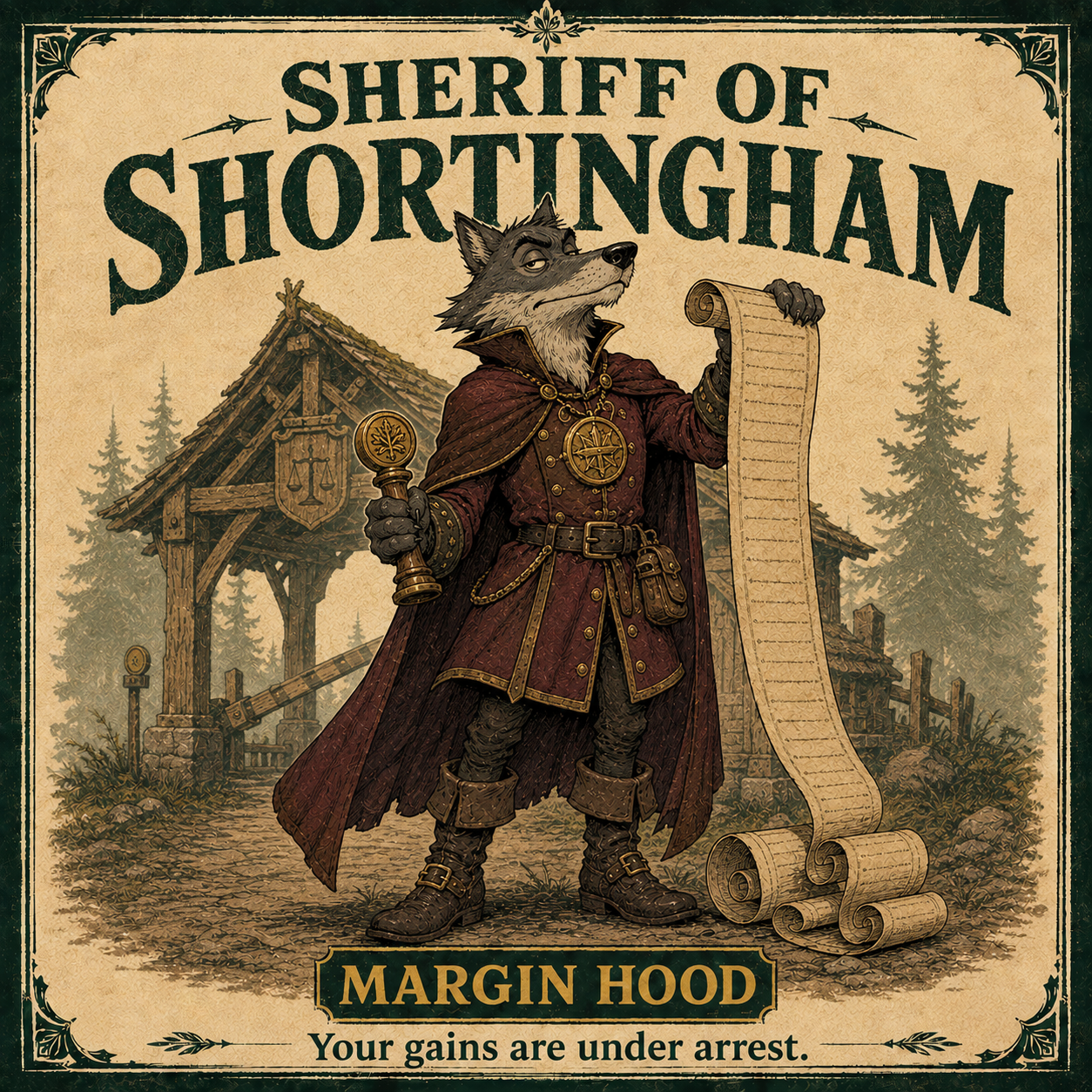 The Sheriff of Shortingham, a grey wolf in burgundy regalia, holding a seal and a very long scroll of fees